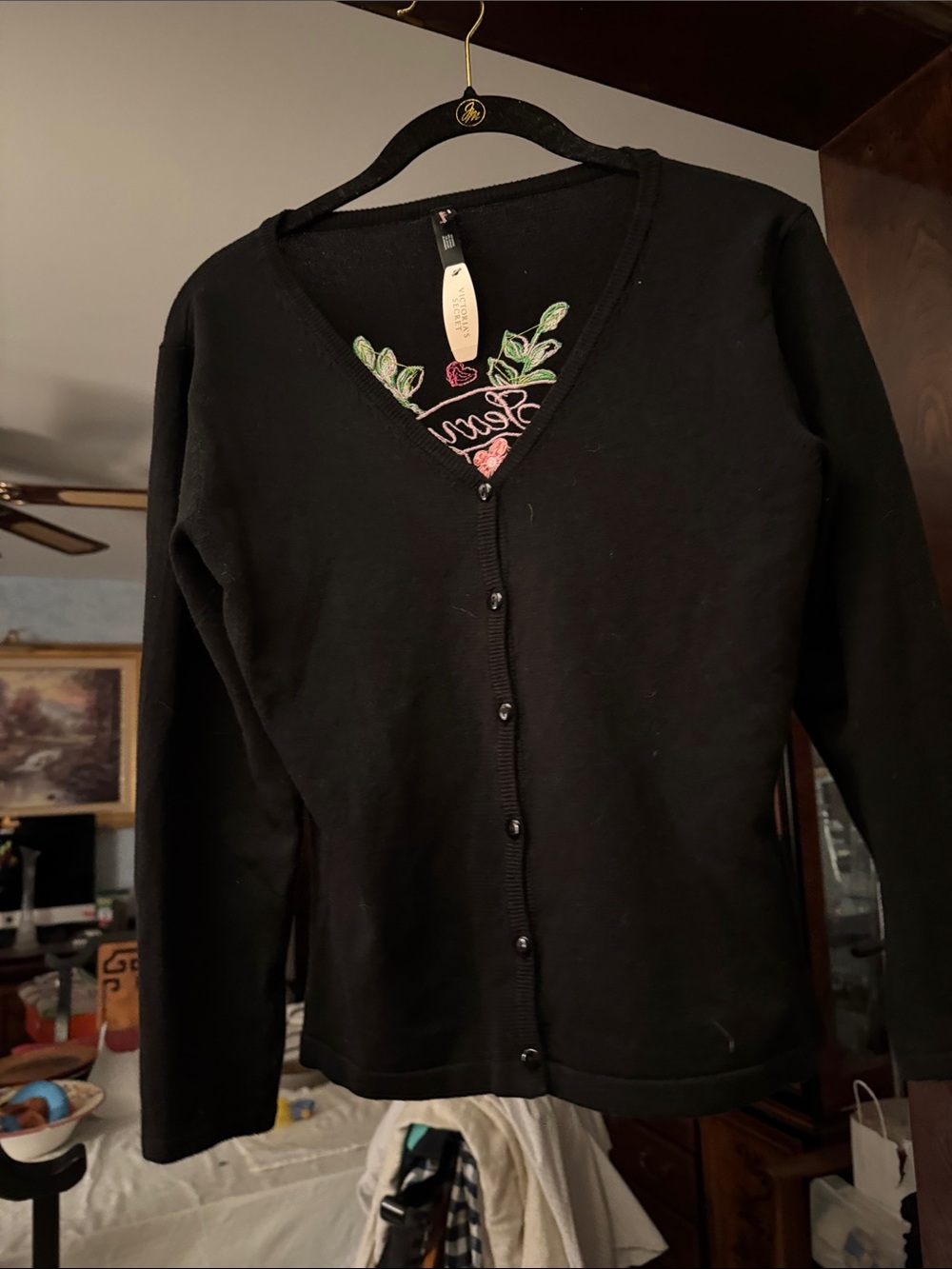 Black V-Neck Button Cardigan with Floral Detail